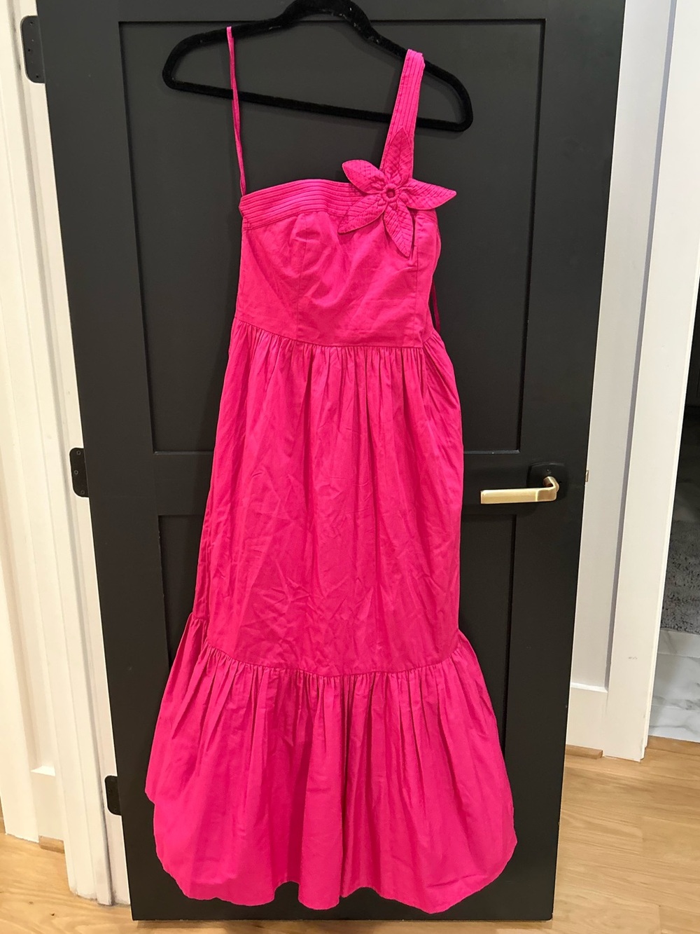 Adrianna Papell Bright Pink One-Shoulder Midi Dress with Flower Detail